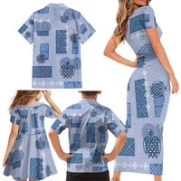 Vintage Lapita Family Matching Short Sleeve Bodycon Dress and Hawaiian Shirt Iconic Double Face Pattern Blue