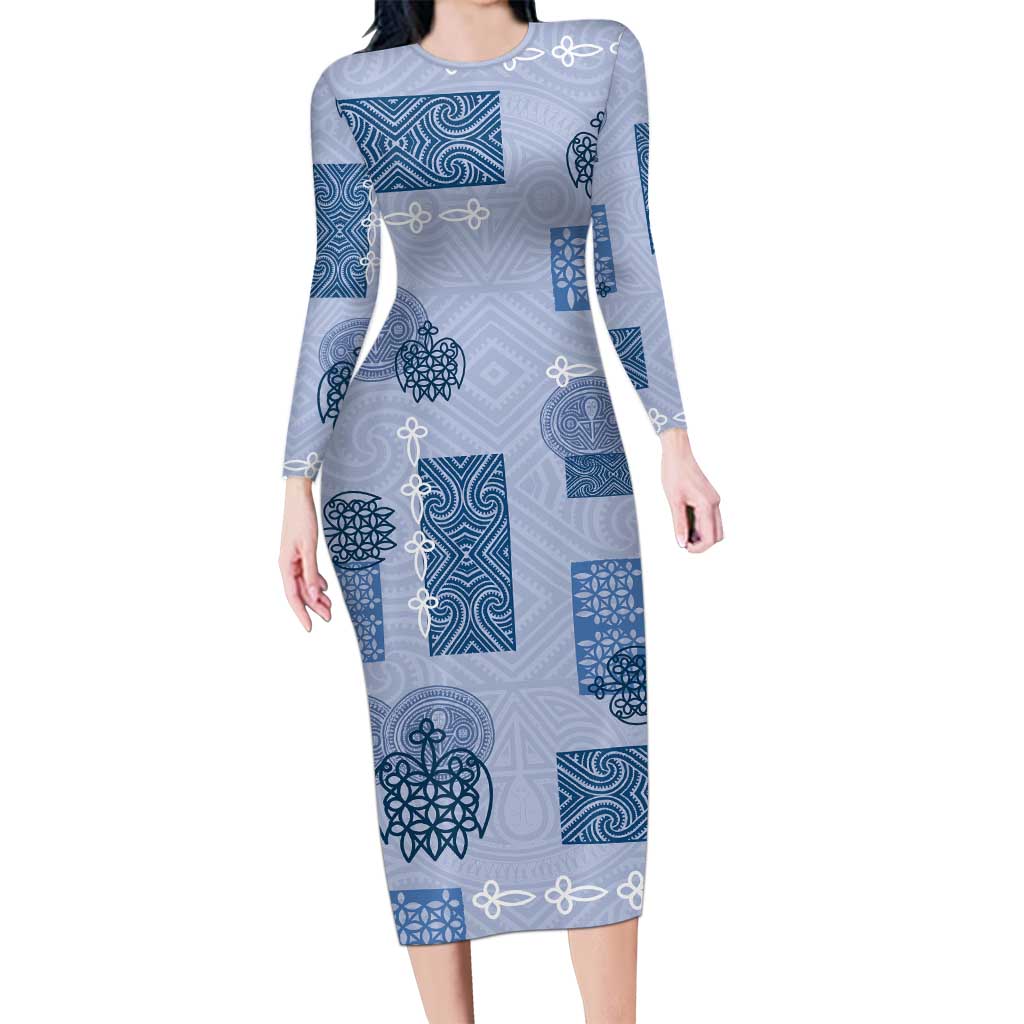 Vintage Lapita Long Sleeve Bodycon Dress Iconic Double Face Pattern Blue