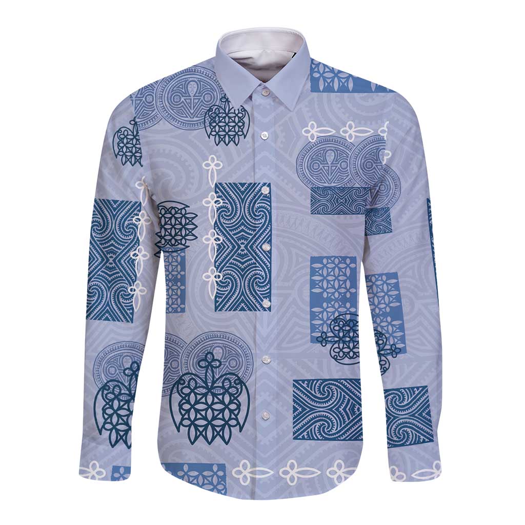 Vintage Lapita Long Sleeve Button Shirt Iconic Double Face Pattern Blue LT05 Unisex Blue - Polynesian Pride