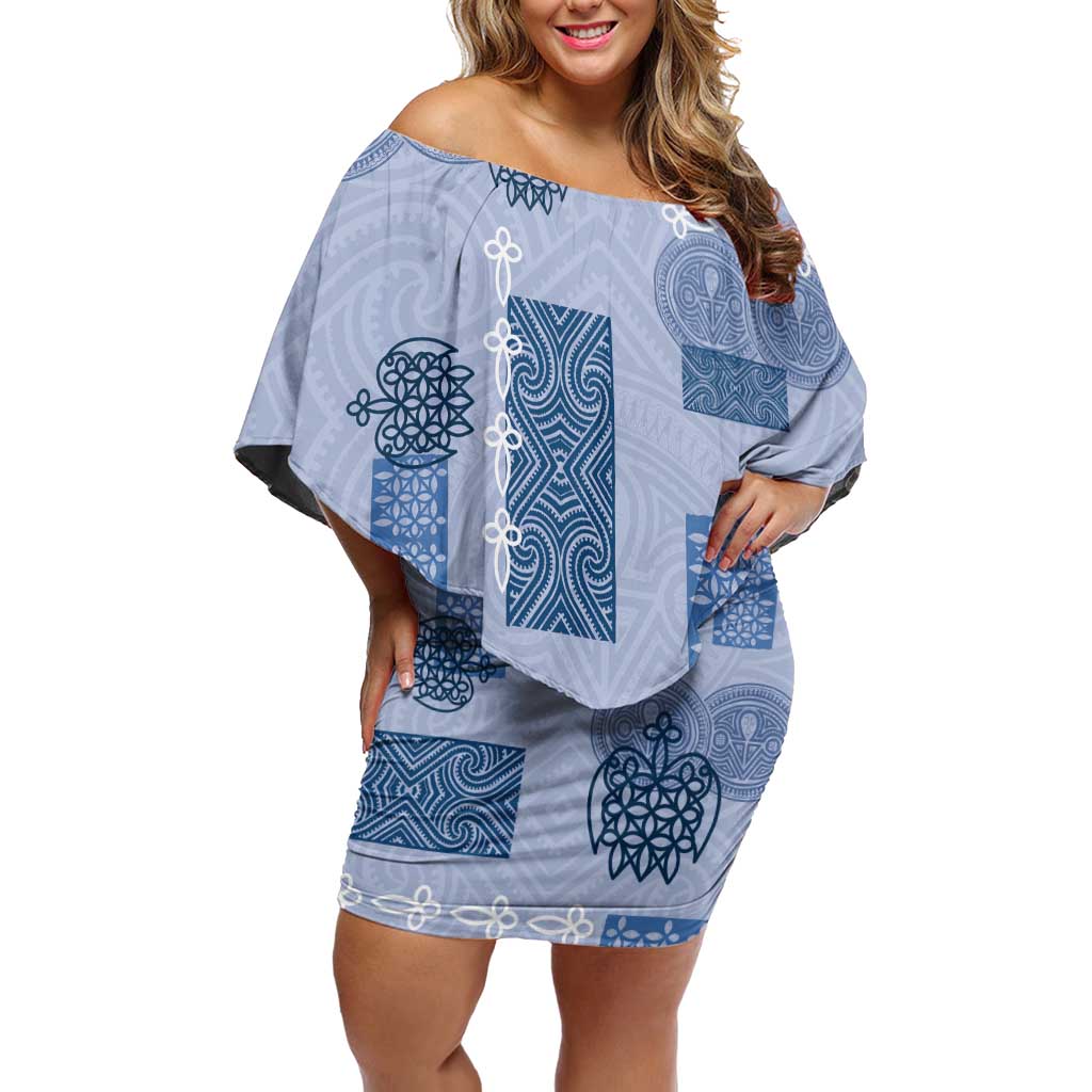 Vintage Lapita Off Shoulder Short Dress Iconic Double Face Pattern Blue