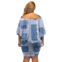 Vintage Lapita Off Shoulder Short Dress Iconic Double Face Pattern Blue