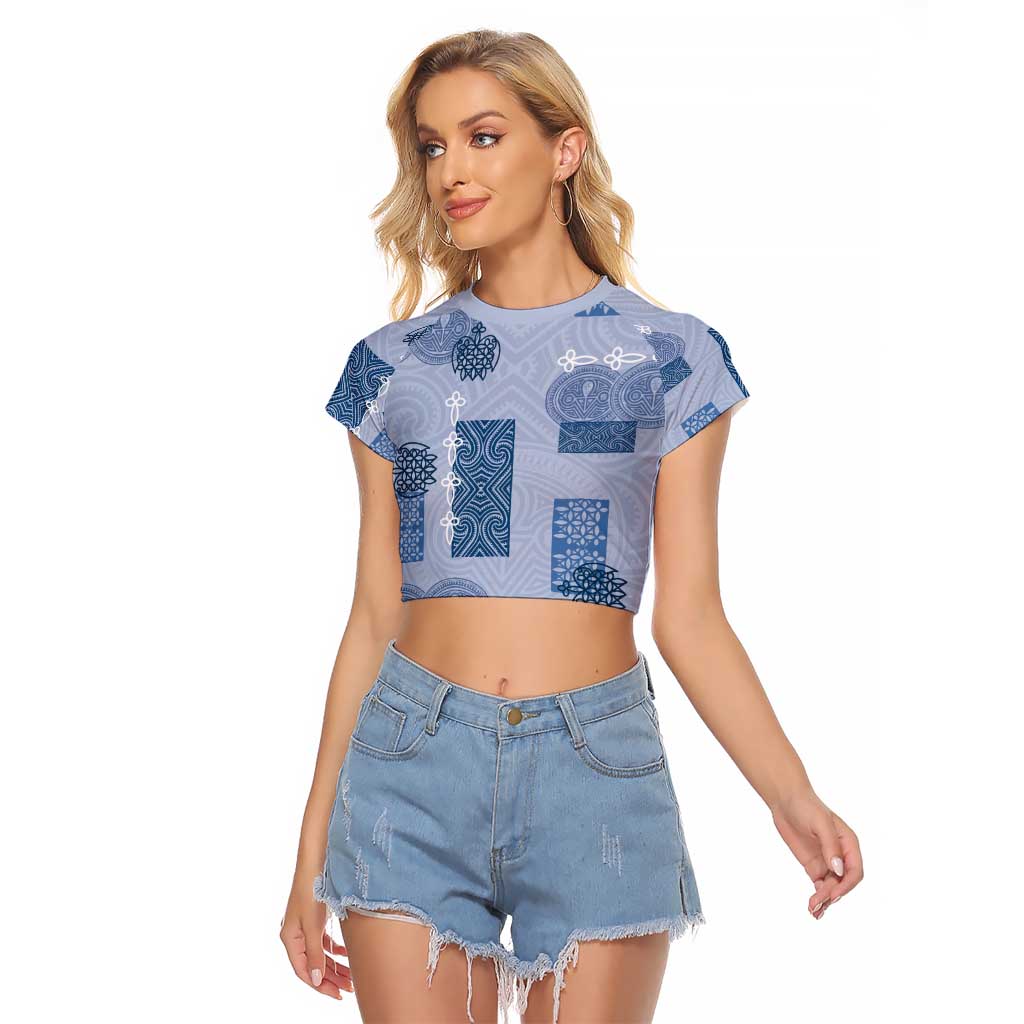 Vintage Lapita Raglan Cropped T Shirt Iconic Double Face Pattern Blue LT05 Female Blue - Polynesian Pride