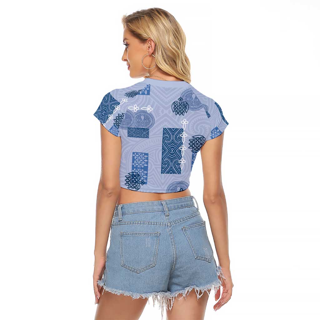 Vintage Lapita Raglan Cropped T Shirt Iconic Double Face Pattern Blue LT05 - Polynesian Pride