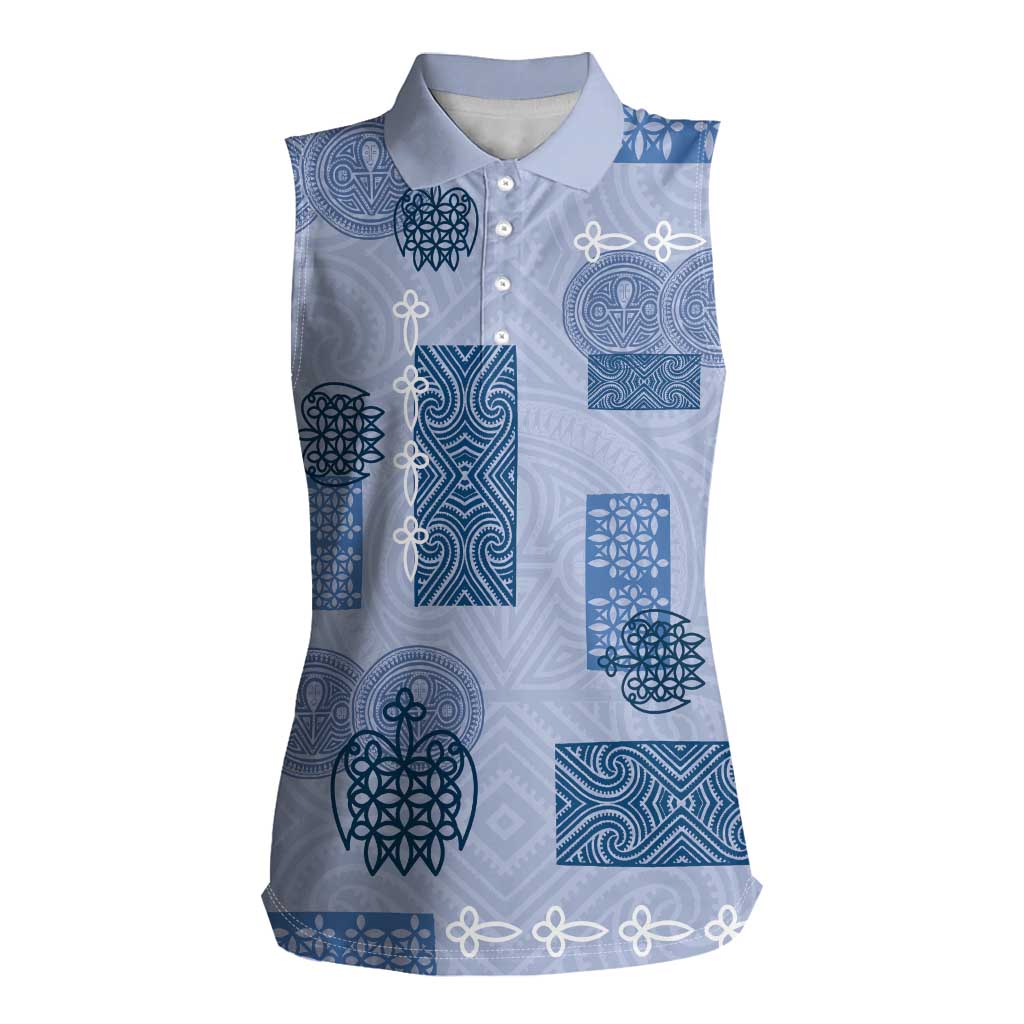 Vintage Lapita Women Sleeveless Polo Shirt Iconic Double Face Pattern Blue