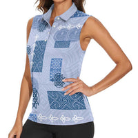 Vintage Lapita Women Sleeveless Polo Shirt Iconic Double Face Pattern Blue
