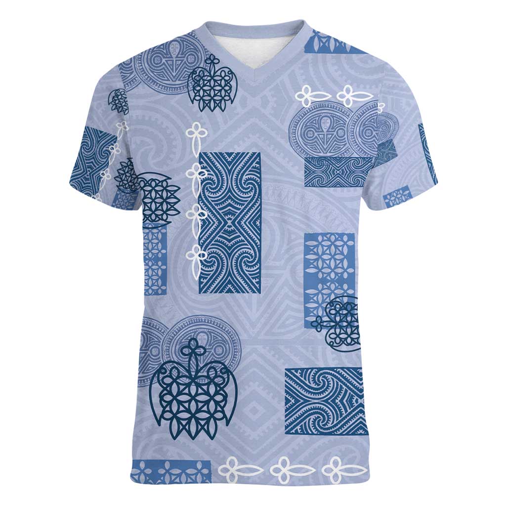 Vintage Lapita Women V-Neck T-Shirt Iconic Double Face Pattern Blue LT05 Female Blue - Polynesian Pride