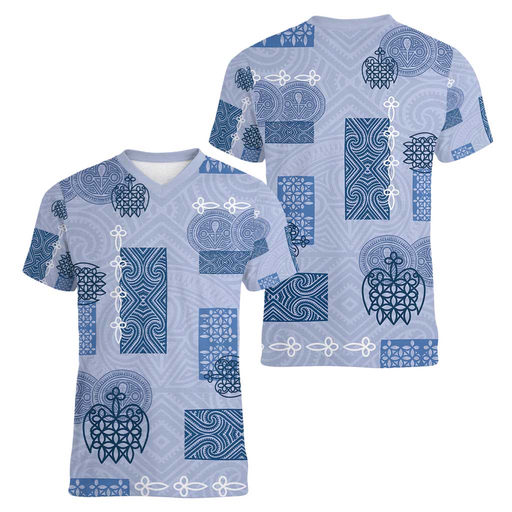 Vintage Lapita Women V-Neck T-Shirt Iconic Double Face Pattern Blue LT05 - Polynesian Pride