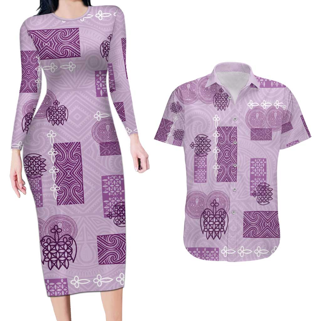 Vintage Lapita Couples Matching Long Sleeve Bodycon Dress and Hawaiian Shirt Iconic Double Face Pattern Violet LT05 Violet - Polynesian Pride