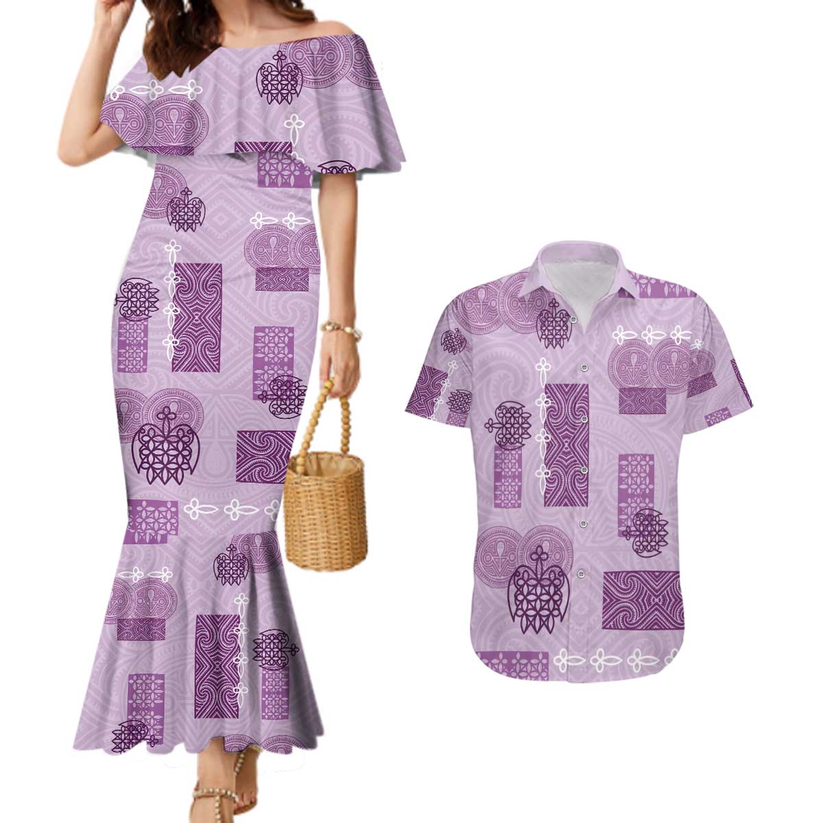 Vintage Lapita Couples Matching Mermaid Dress and Hawaiian Shirt Iconic Double Face Pattern Violet LT05 Violet - Polynesian Pride