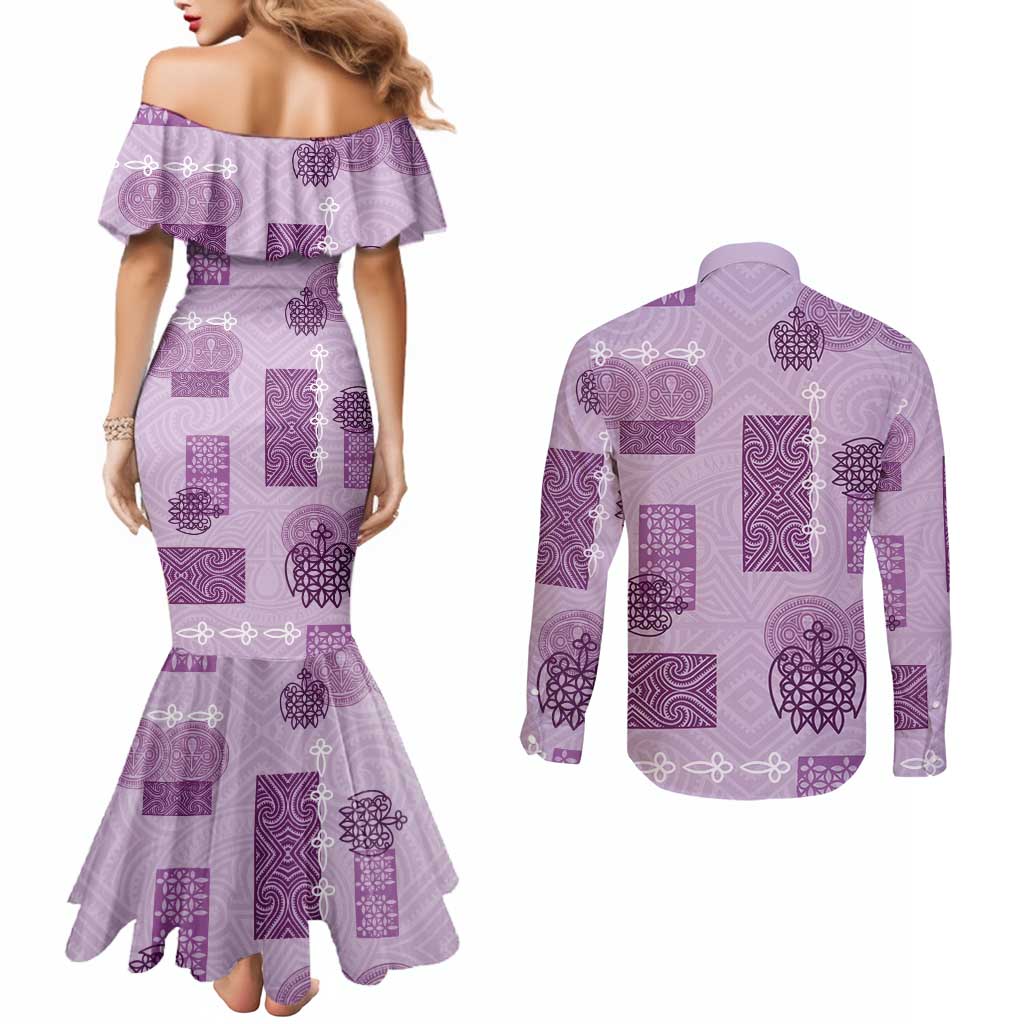 Vintage Lapita Couples Matching Mermaid Dress and Long Sleeve Button Shirt Iconic Double Face Pattern Violet LT05 - Polynesian Pride