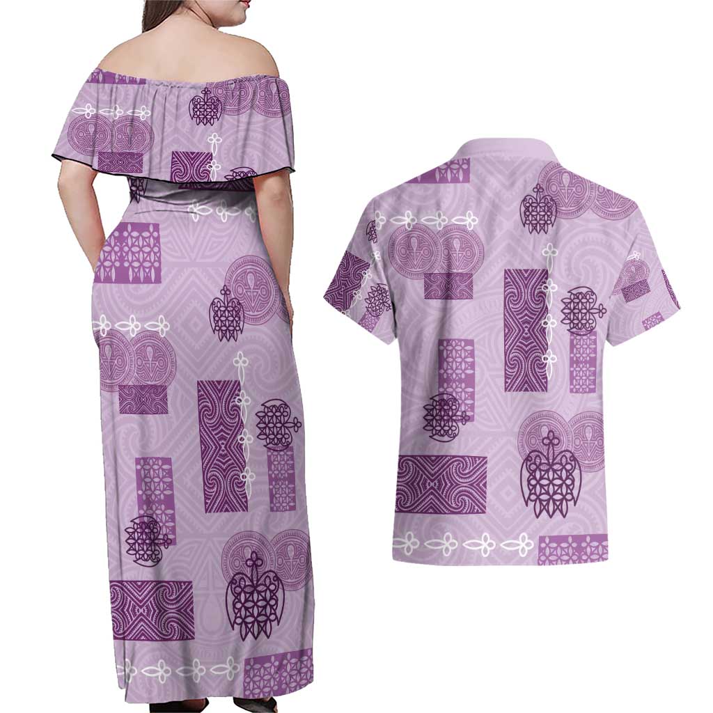 Vintage Lapita Couples Matching Off Shoulder Maxi Dress and Hawaiian Shirt Iconic Double Face Pattern Violet LT05 - Polynesian Pride