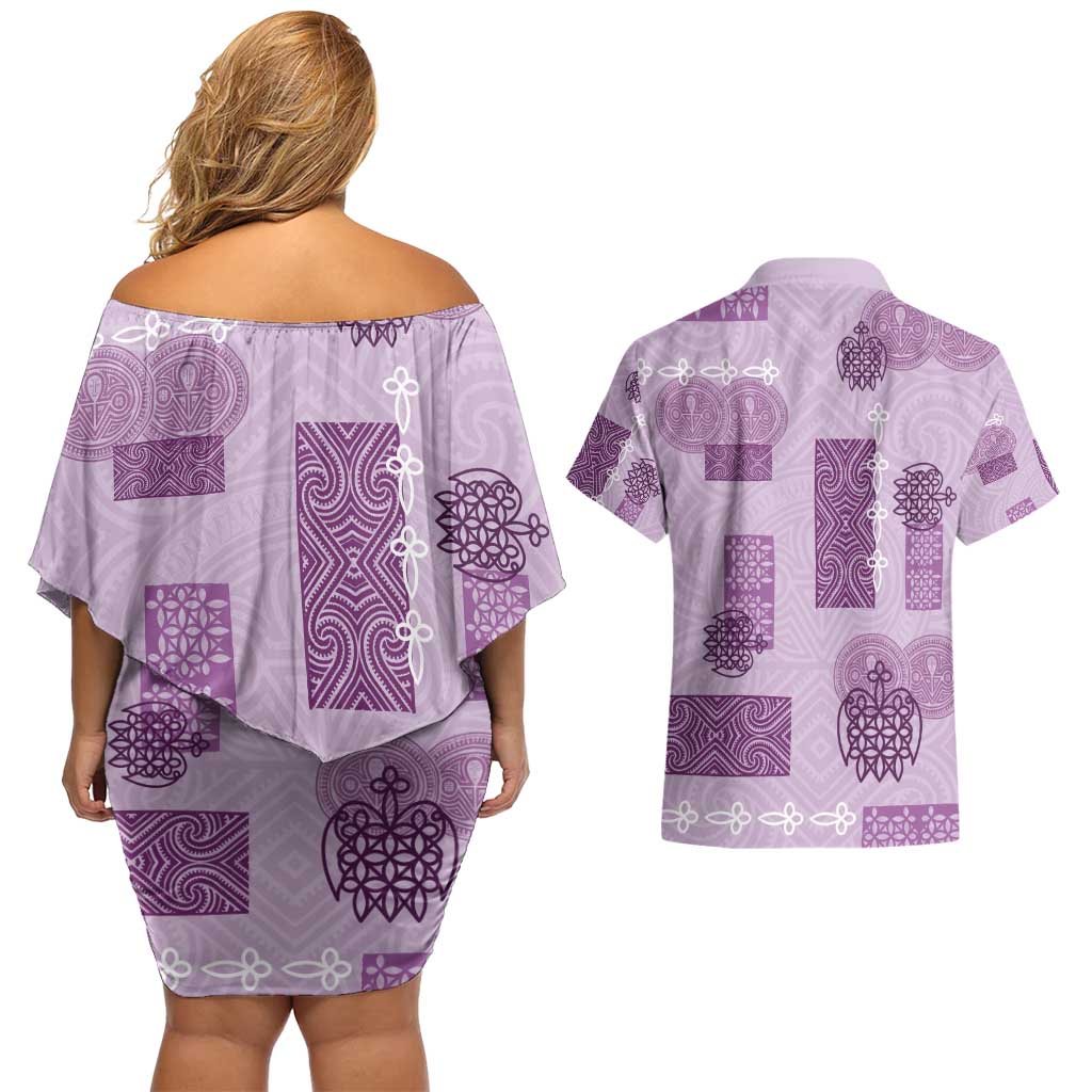 Vintage Lapita Couples Matching Off Shoulder Short Dress and Hawaiian Shirt Iconic Double Face Pattern Violet LT05 - Polynesian Pride