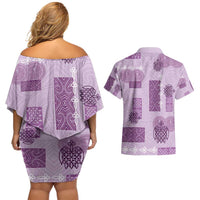 Vintage Lapita Couples Matching Off Shoulder Short Dress and Hawaiian Shirt Iconic Double Face Pattern Violet LT05 - Polynesian Pride
