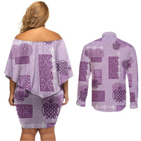 Vintage Lapita Couples Matching Off Shoulder Short Dress and Long Sleeve Button Shirt Iconic Double Face Pattern Violet