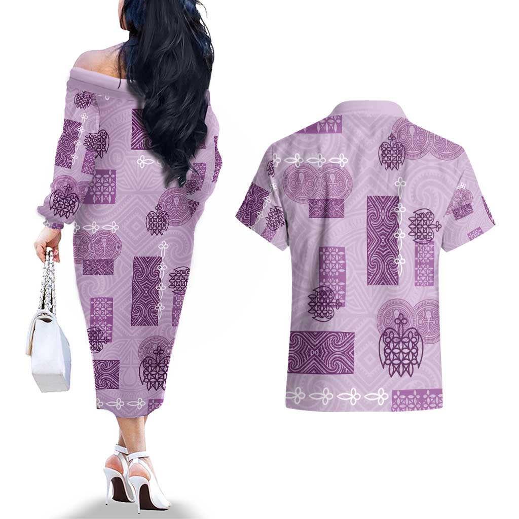 Vintage Lapita Couples Matching Off The Shoulder Long Sleeve Dress and Hawaiian Shirt Iconic Double Face Pattern Violet LT05 - Polynesian Pride