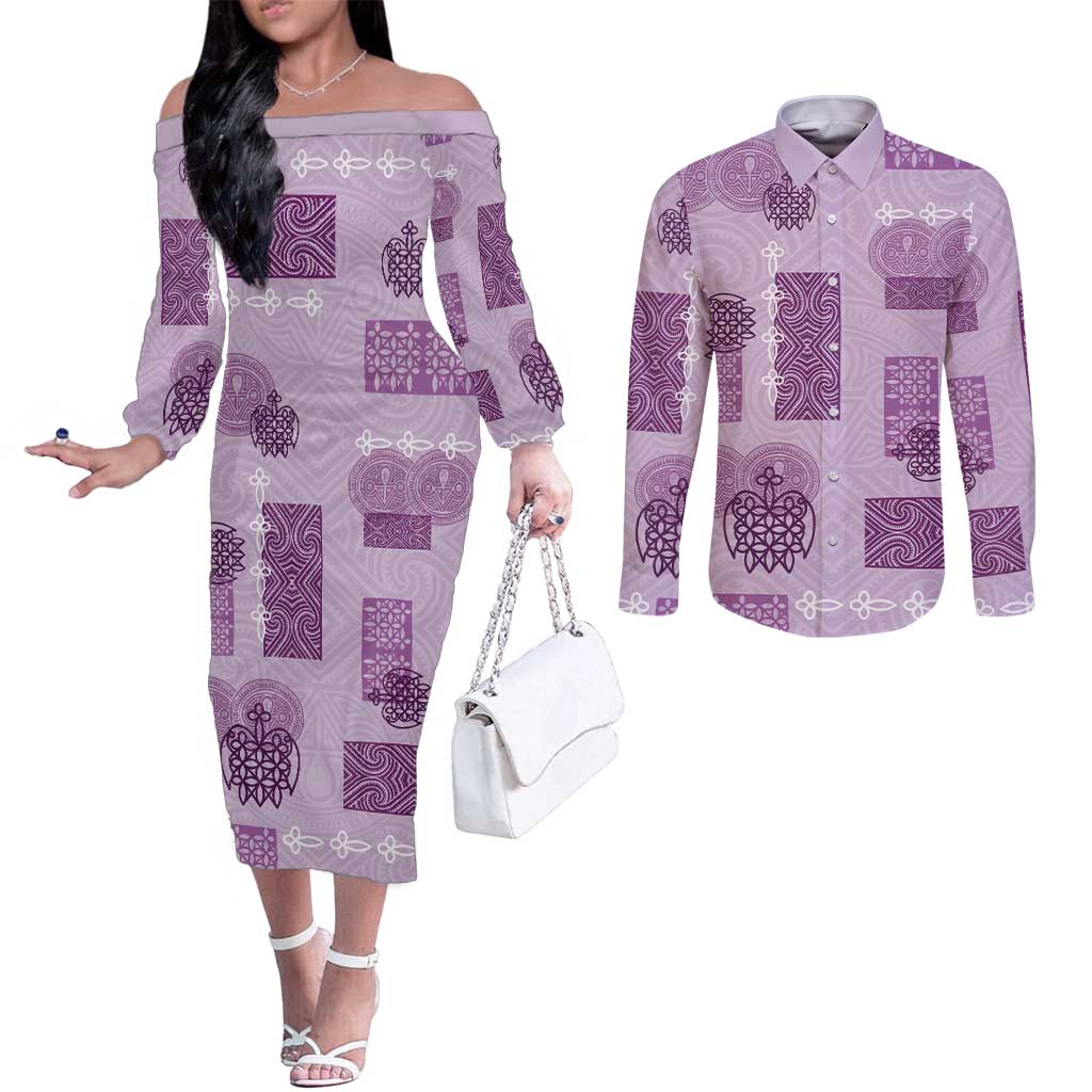 Vintage Lapita Couples Matching Off The Shoulder Long Sleeve Dress and Long Sleeve Button Shirt Iconic Double Face Pattern Violet LT05 Violet - Polynesian Pride