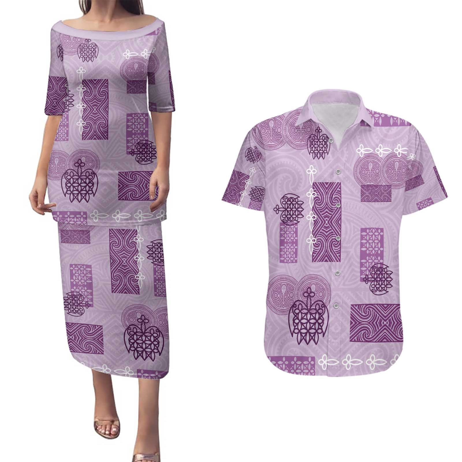 Vintage Lapita Couples Matching Puletasi and Hawaiian Shirt Iconic Double Face Pattern Violet LT05 Violet - Polynesian Pride