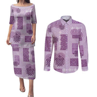 Vintage Lapita Couples Matching Puletasi and Long Sleeve Button Shirt Iconic Double Face Pattern Violet LT05 Violet - Polynesian Pride