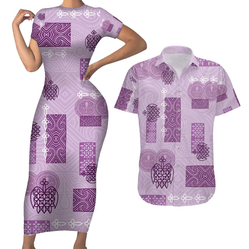 Vintage Lapita Couples Matching Short Sleeve Bodycon Dress and Hawaiian Shirt Iconic Double Face Pattern Violet LT05 Violet - Polynesian Pride