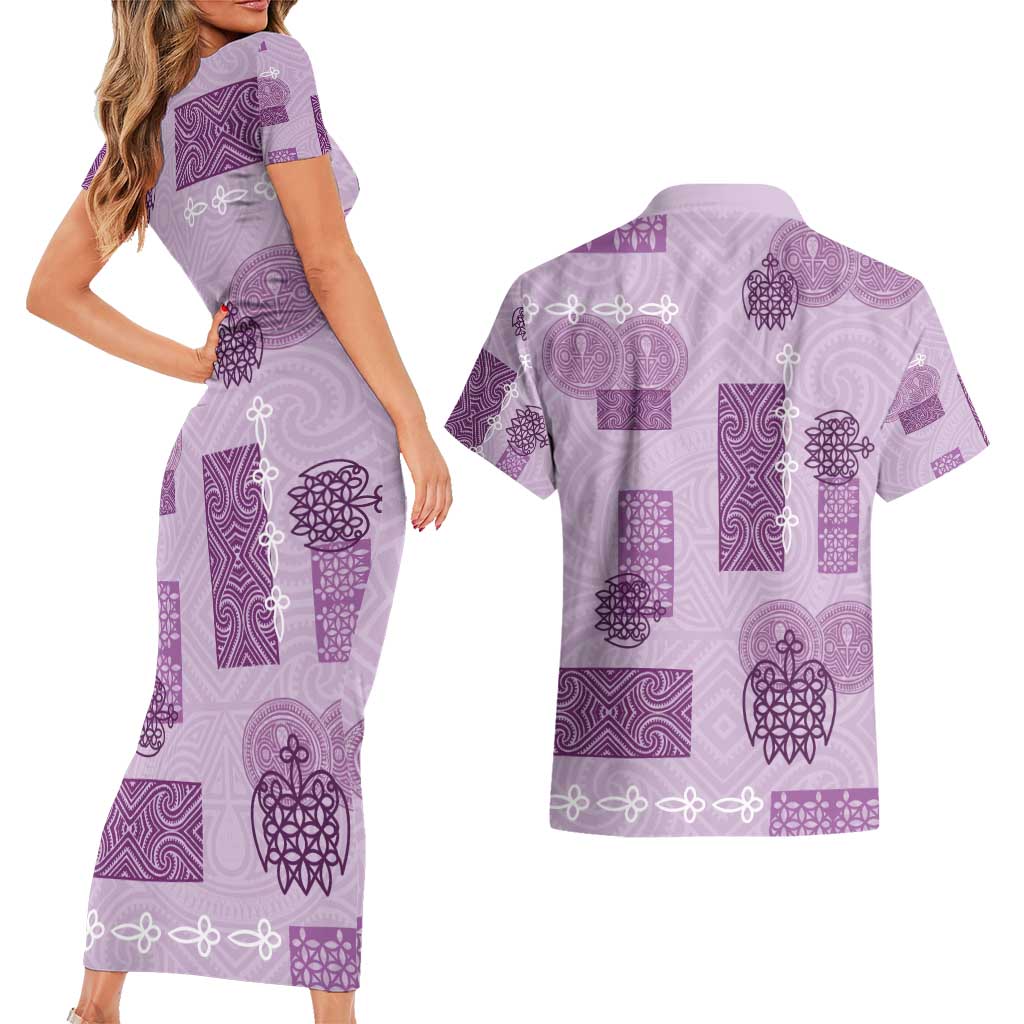 Vintage Lapita Couples Matching Short Sleeve Bodycon Dress and Hawaiian Shirt Iconic Double Face Pattern Violet LT05 - Polynesian Pride