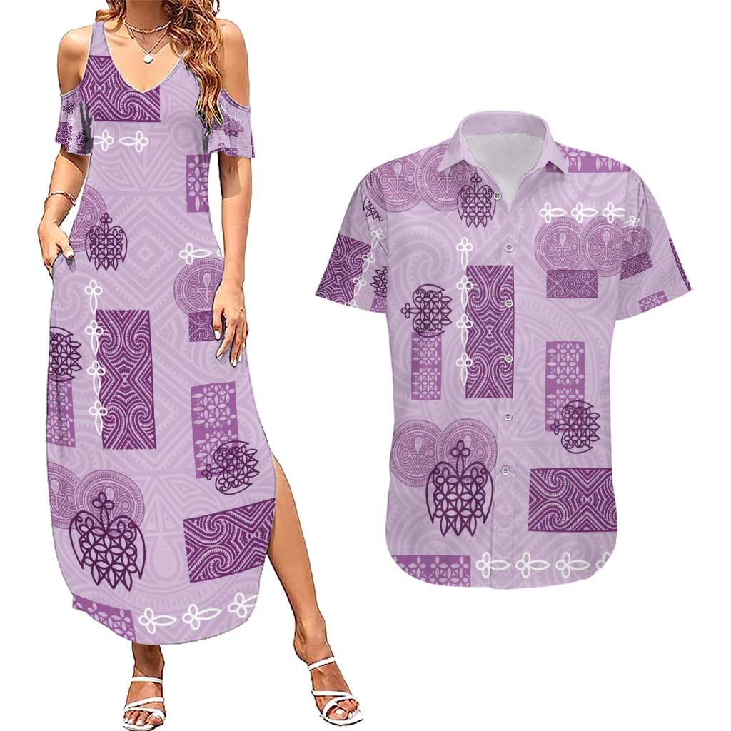 Vintage Lapita Couples Matching Summer Maxi Dress and Hawaiian Shirt Iconic Double Face Pattern Violet LT05 Violet - Polynesian Pride
