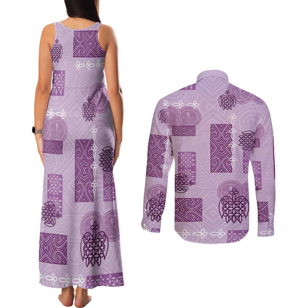 Vintage Lapita Couples Matching Tank Maxi Dress and Long Sleeve Button Shirt Iconic Double Face Pattern Violet LT05 - Polynesian Pride