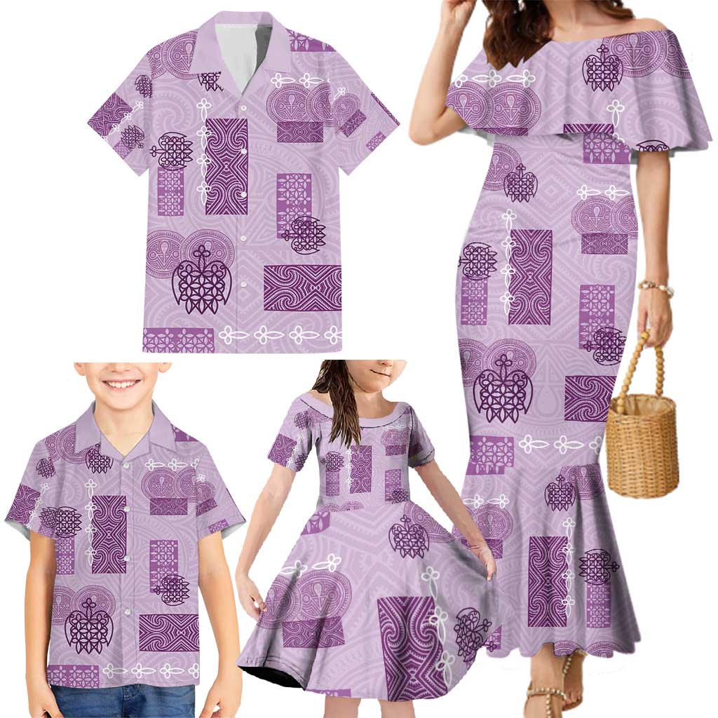 Vintage Lapita Family Matching Mermaid Dress and Hawaiian Shirt Iconic Double Face Pattern Violet