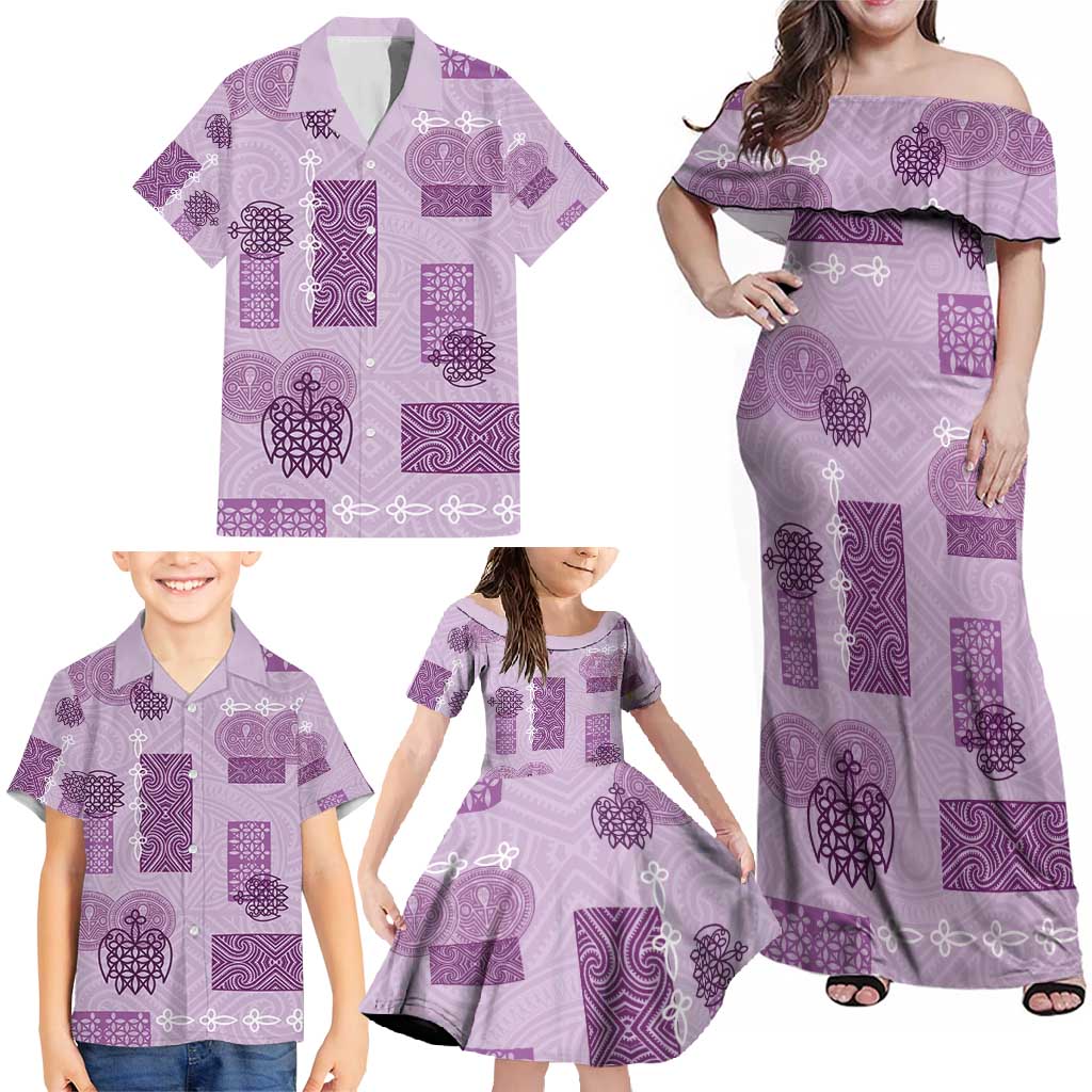 Vintage Lapita Family Matching Off Shoulder Maxi Dress and Hawaiian Shirt Iconic Double Face Pattern Violet