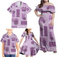Vintage Lapita Family Matching Off Shoulder Maxi Dress and Hawaiian Shirt Iconic Double Face Pattern Violet