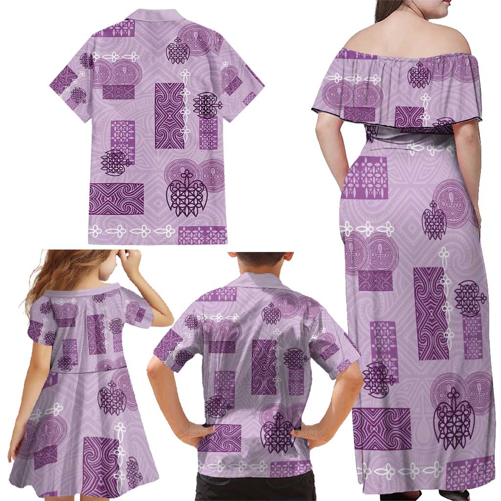 Vintage Lapita Family Matching Off Shoulder Maxi Dress and Hawaiian Shirt Iconic Double Face Pattern Violet