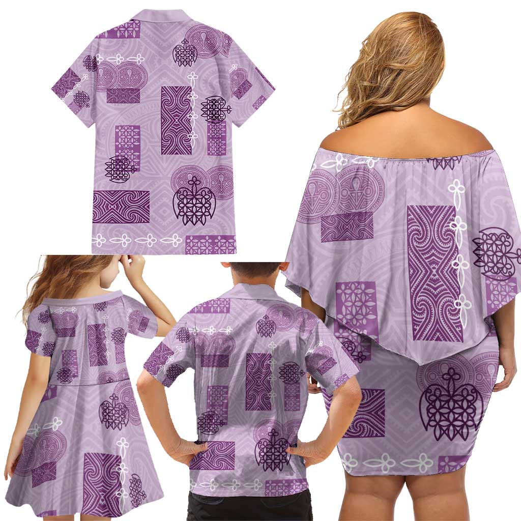 Vintage Lapita Family Matching Off Shoulder Short Dress and Hawaiian Shirt Iconic Double Face Pattern Violet