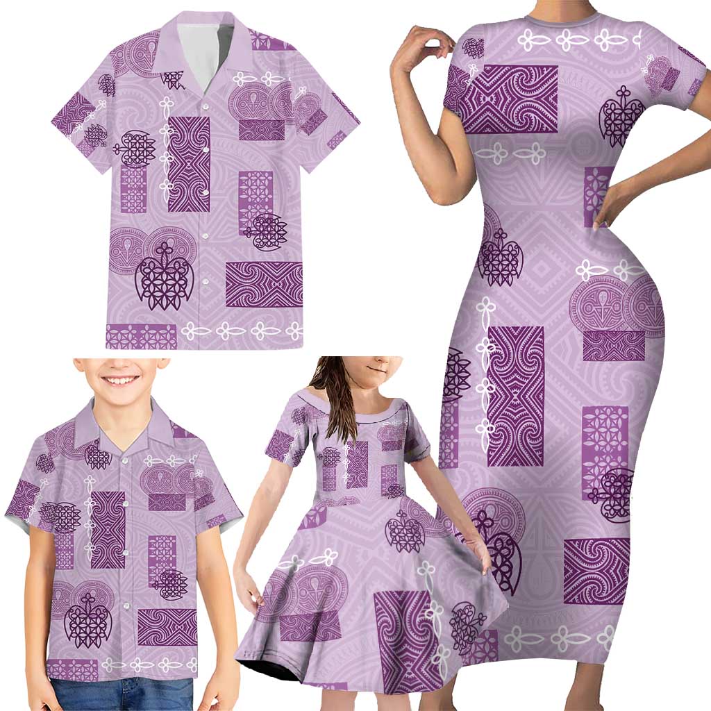 Vintage Lapita Family Matching Short Sleeve Bodycon Dress and Hawaiian Shirt Iconic Double Face Pattern Violet
