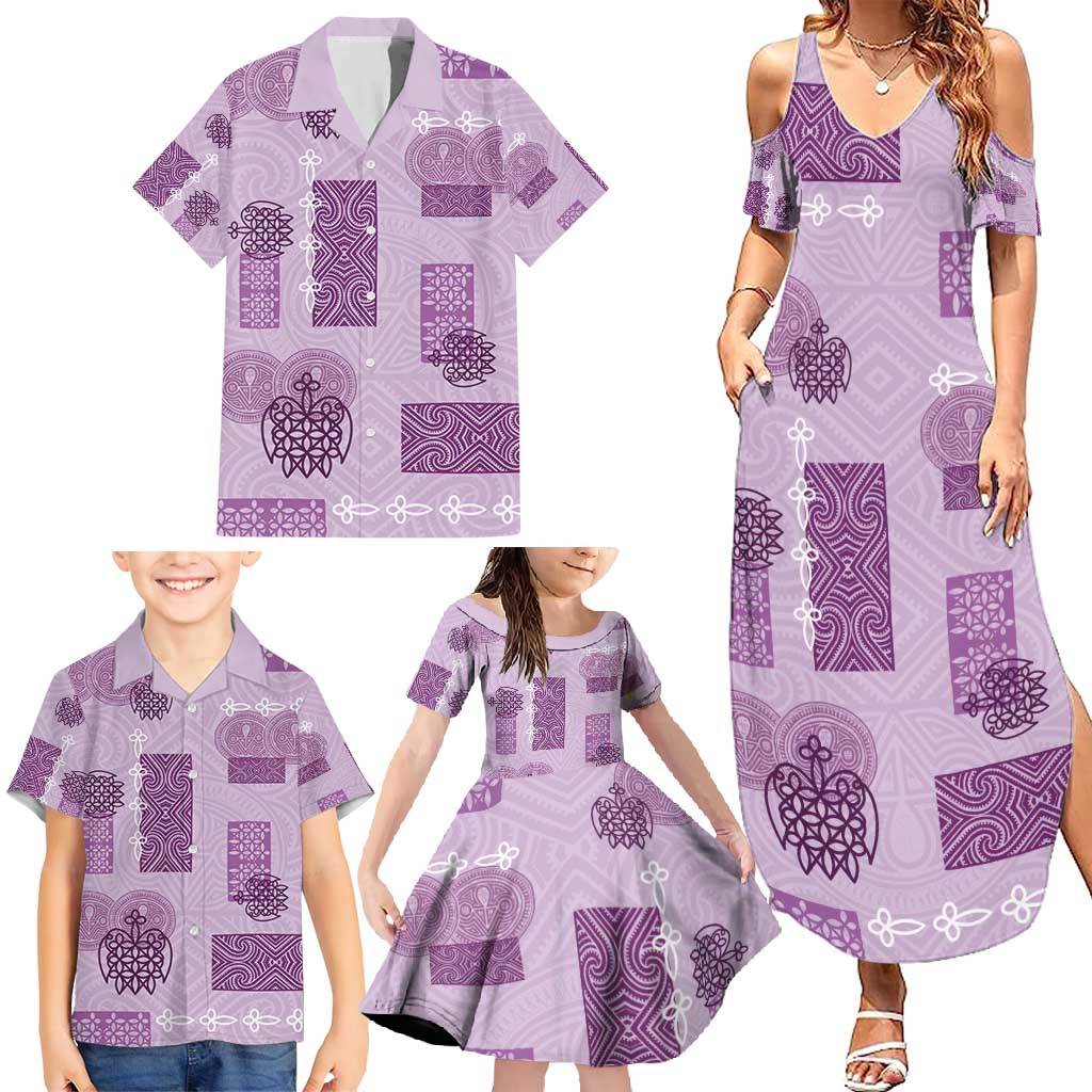 Vintage Lapita Family Matching Summer Maxi Dress and Hawaiian Shirt Iconic Double Face Pattern Violet
