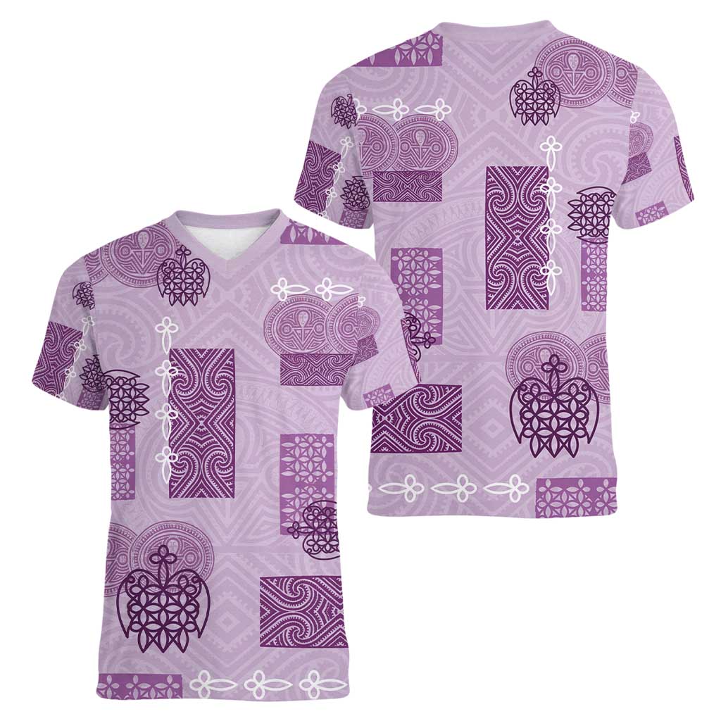 Vintage Lapita Women V-Neck T-Shirt Iconic Double Face Pattern Violet LT05 - Polynesian Pride