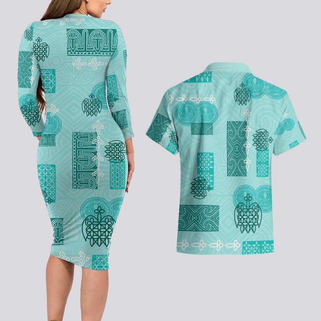 Vintage Lapita Couples Matching Long Sleeve Bodycon Dress and Hawaiian Shirt Iconic Double Face Pattern Turquoise LT05 - Polynesian Pride
