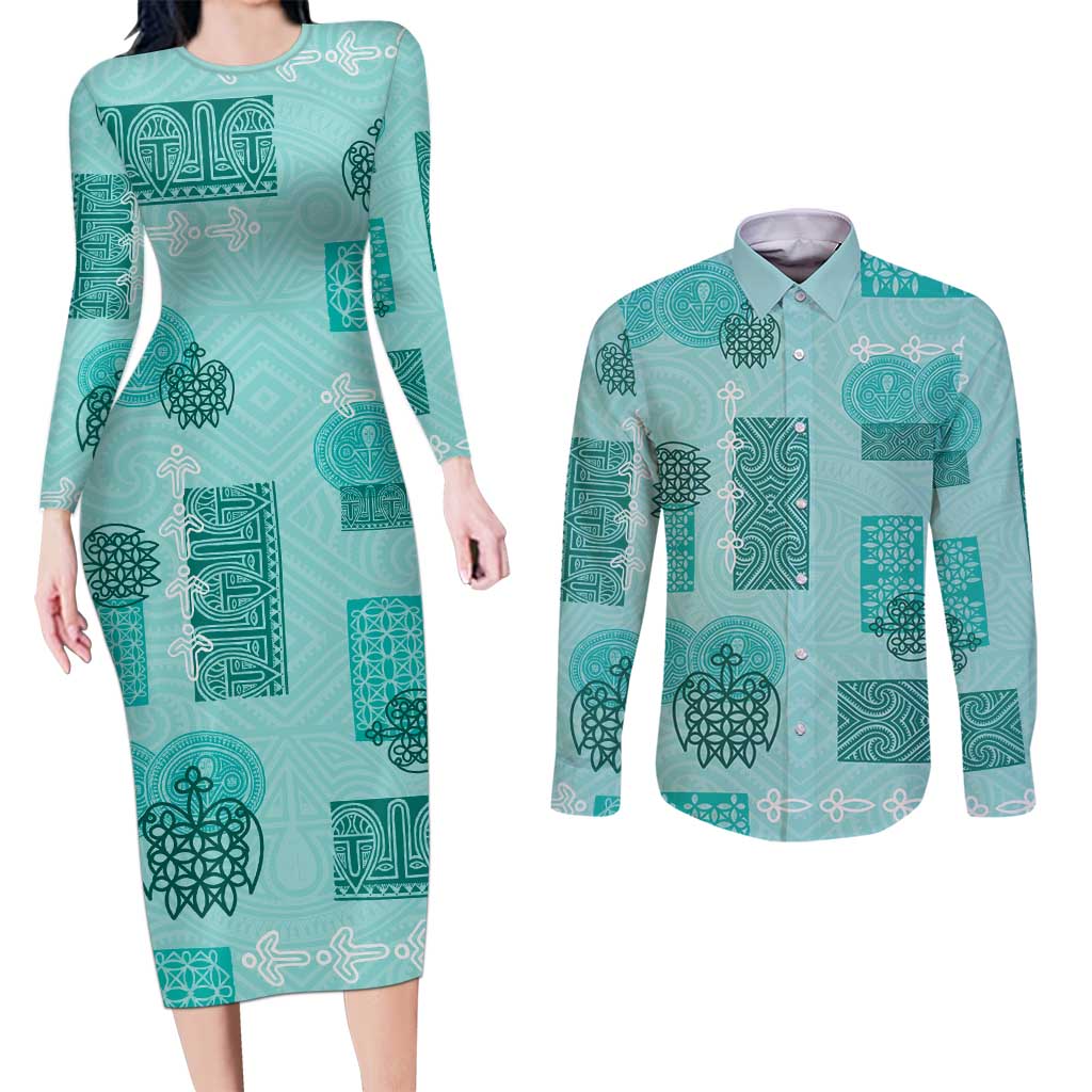 Vintage Lapita Couples Matching Long Sleeve Bodycon Dress and Long Sleeve Button Shirt Iconic Double Face Pattern Turquoise LT05 Turquoise - Polynesian Pride