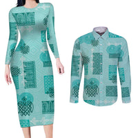 Vintage Lapita Couples Matching Long Sleeve Bodycon Dress and Long Sleeve Button Shirt Iconic Double Face Pattern Turquoise LT05 Turquoise - Polynesian Pride