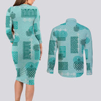 Vintage Lapita Couples Matching Long Sleeve Bodycon Dress and Long Sleeve Button Shirt Iconic Double Face Pattern Turquoise LT05 - Polynesian Pride