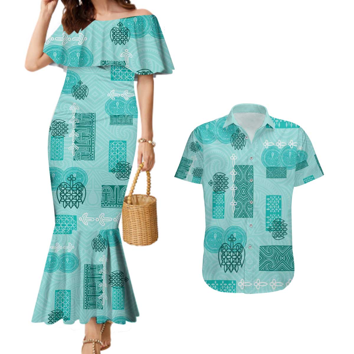 Vintage Lapita Couples Matching Mermaid Dress and Hawaiian Shirt Iconic Double Face Pattern Turquoise LT05 Turquoise - Polynesian Pride