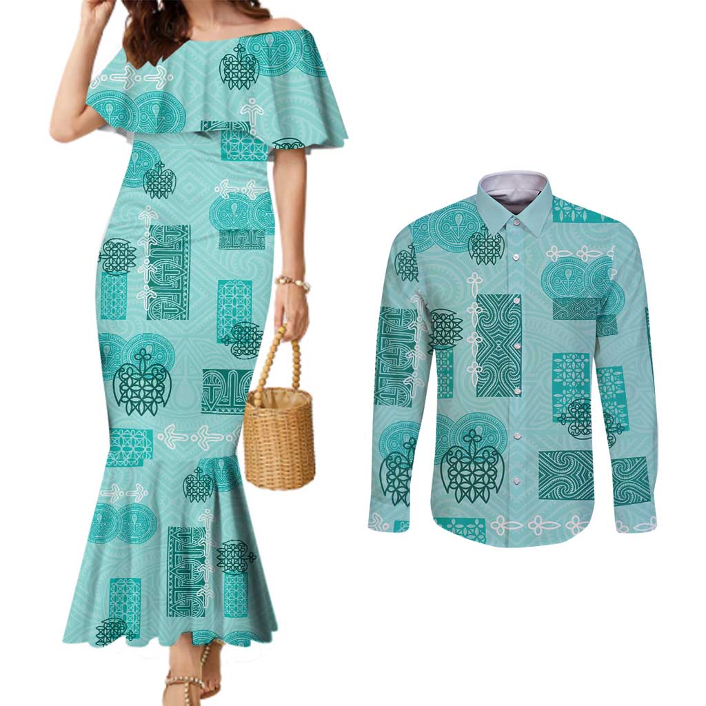 Vintage Lapita Couples Matching Mermaid Dress and Long Sleeve Button Shirt Iconic Double Face Pattern Turquoise LT05 Turquoise - Polynesian Pride