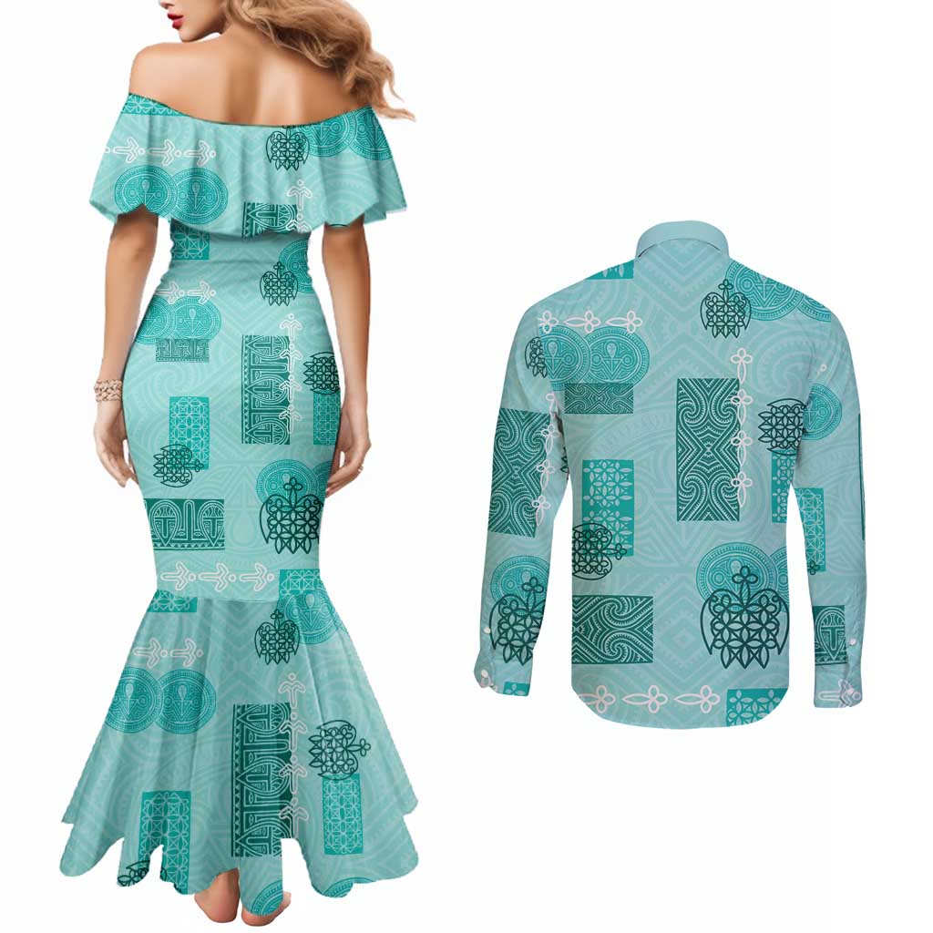 Vintage Lapita Couples Matching Mermaid Dress and Long Sleeve Button Shirt Iconic Double Face Pattern Turquoise LT05 - Polynesian Pride