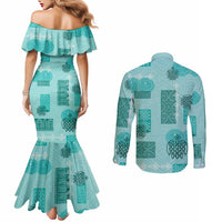 Vintage Lapita Couples Matching Mermaid Dress and Long Sleeve Button Shirt Iconic Double Face Pattern Turquoise LT05 - Polynesian Pride
