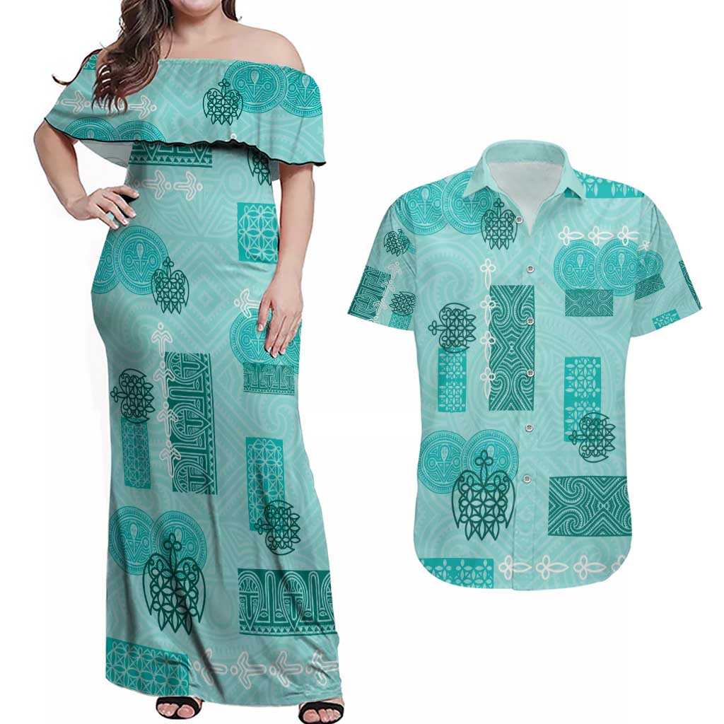 Vintage Lapita Couples Matching Off Shoulder Maxi Dress and Hawaiian Shirt Iconic Double Face Pattern Turquoise LT05 Turquoise - Polynesian Pride