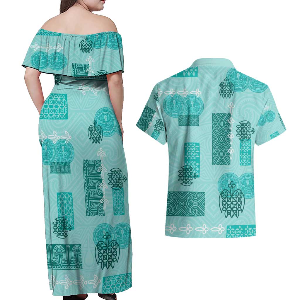 Vintage Lapita Couples Matching Off Shoulder Maxi Dress and Hawaiian Shirt Iconic Double Face Pattern Turquoise LT05 - Polynesian Pride