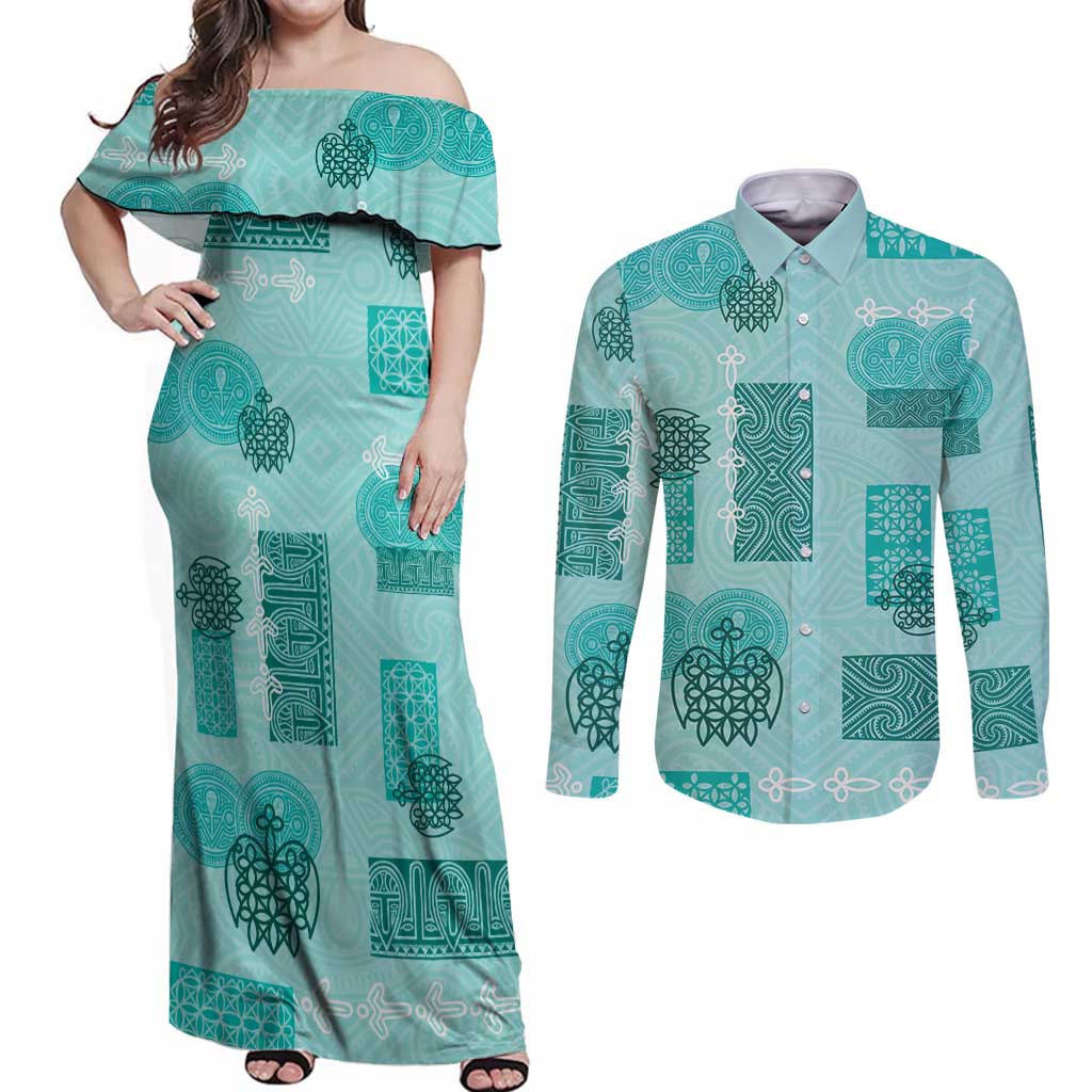 Vintage Lapita Couples Matching Off Shoulder Maxi Dress and Long Sleeve Button Shirt Iconic Double Face Pattern Turquoise LT05
