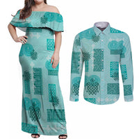 Vintage Lapita Couples Matching Off Shoulder Maxi Dress and Long Sleeve Button Shirt Iconic Double Face Pattern Turquoise LT05