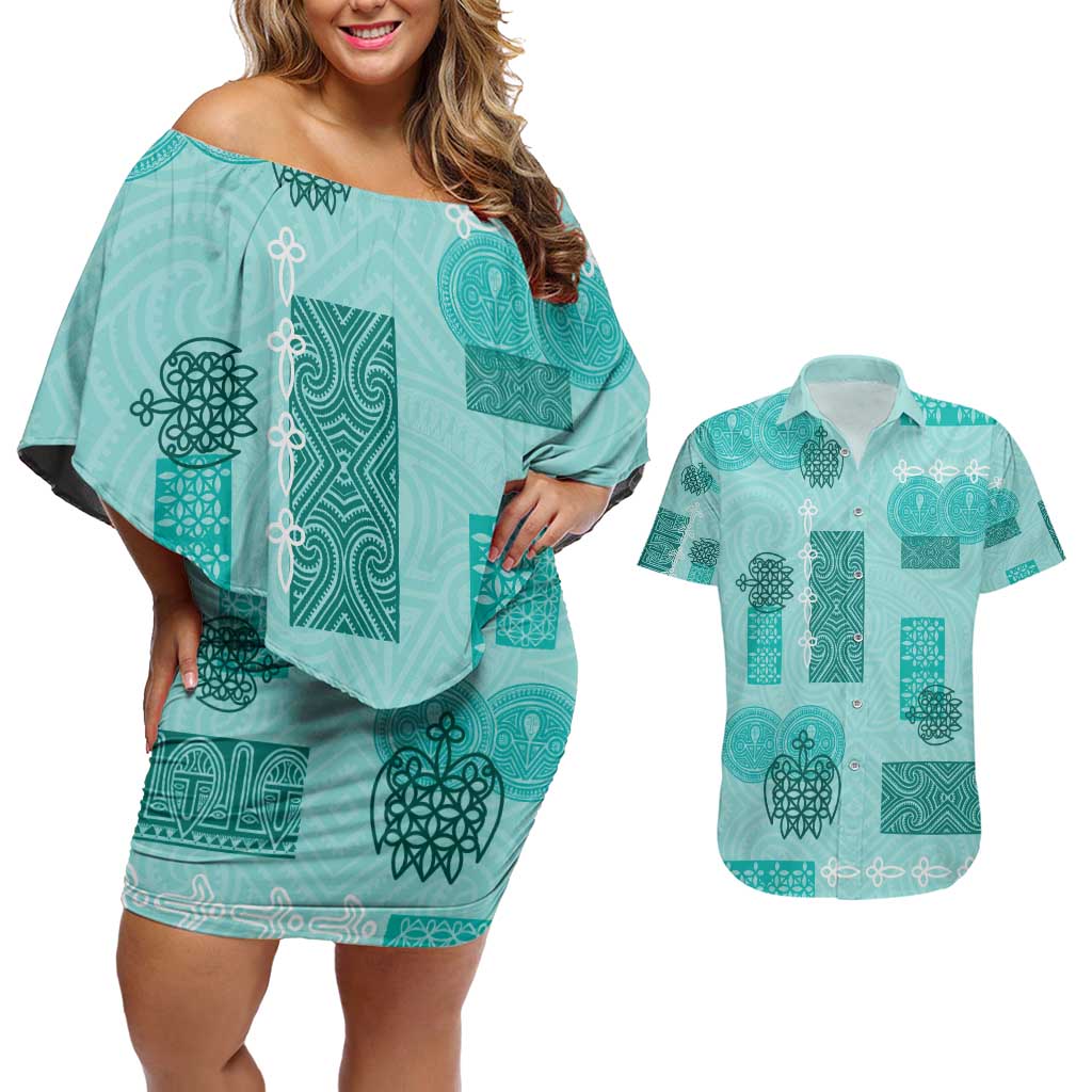 Vintage Lapita Couples Matching Off Shoulder Short Dress and Hawaiian Shirt Iconic Double Face Pattern Turquoise LT05 Turquoise - Polynesian Pride