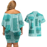 Vintage Lapita Couples Matching Off Shoulder Short Dress and Hawaiian Shirt Iconic Double Face Pattern Turquoise LT05 - Polynesian Pride