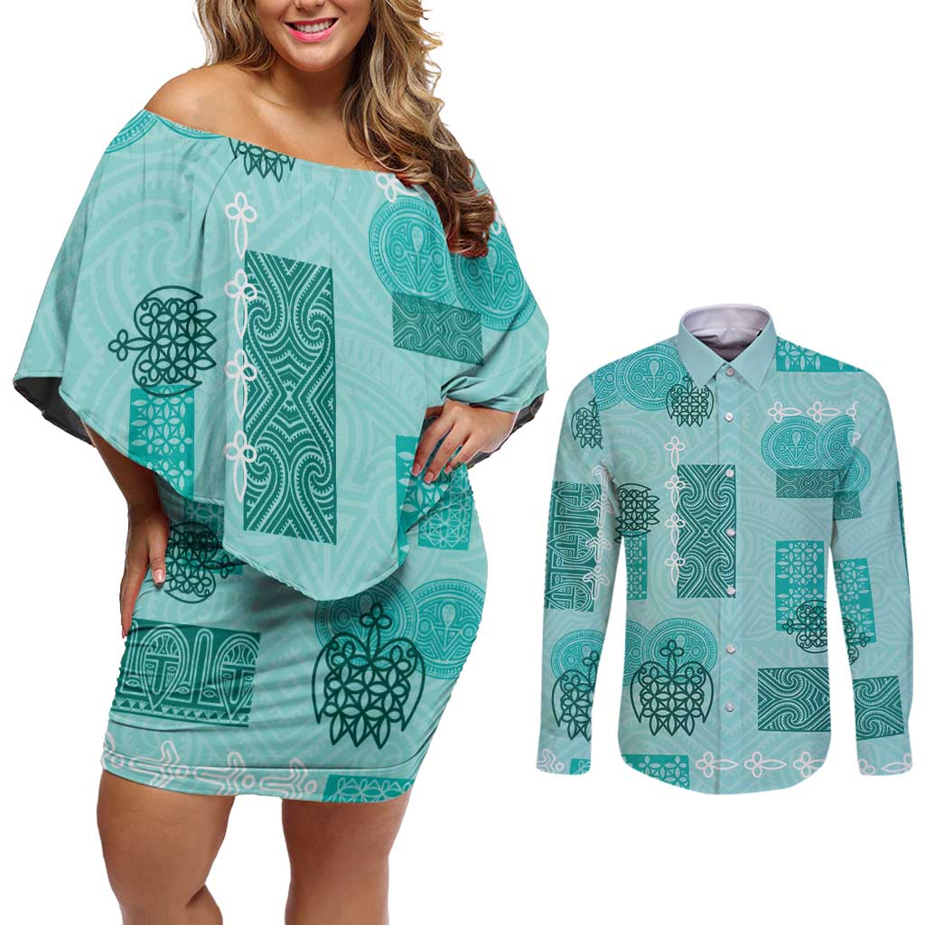 Vintage Lapita Couples Matching Off Shoulder Short Dress and Long Sleeve Button Shirt Iconic Double Face Pattern Turquoise LT05 Turquoise - Polynesian Pride