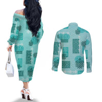 Vintage Lapita Couples Matching Off The Shoulder Long Sleeve Dress and Long Sleeve Button Shirt Iconic Double Face Pattern Turquoise LT05 - Polynesian Pride
